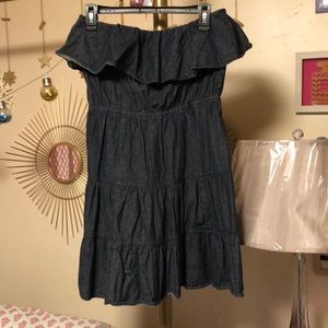 Paper doll Medium blue denim, sundress sleeveless with ruffly top,has belt loops